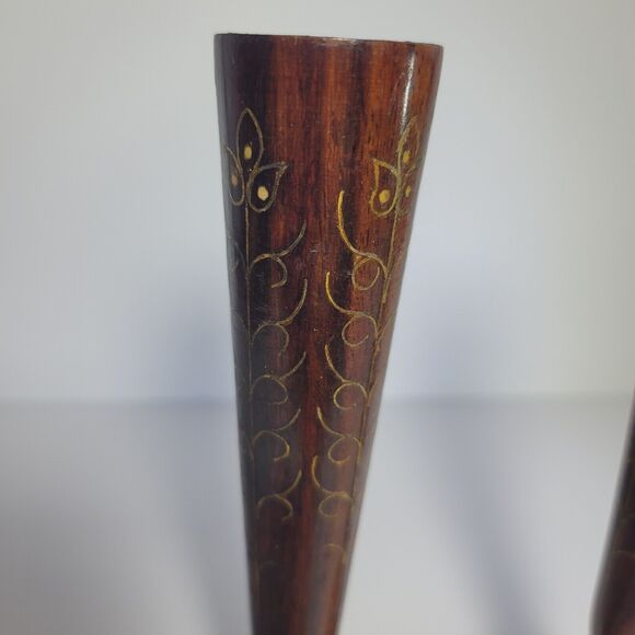 Pair Etched Wood Candlesticks 8" Thin, stars, swirls Made In India Vintage MCM - Picture 2 of 8